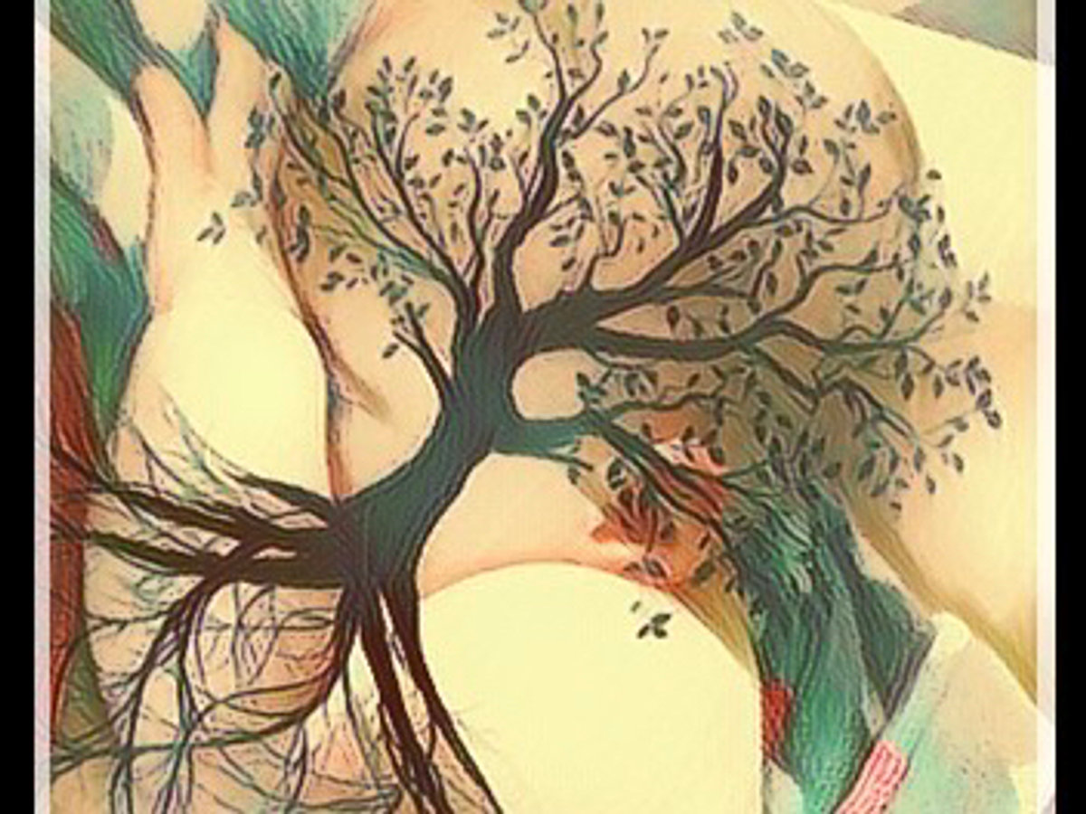 Soft illustration of a tree of life over a mother cradling her baby