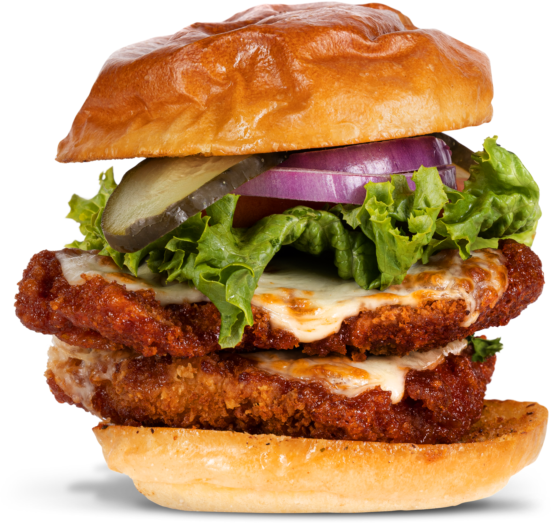 Bernie's hand-breaded chicken parm sandwich stacked tall