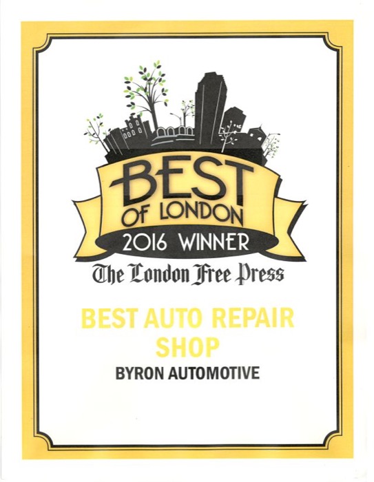 Best of London 2016 winner, Best Auto Repair Shop, The London Free Press, awarded to Byron Automotive
