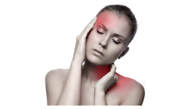 Illustration of tension headache pattern radiating from the neck and head