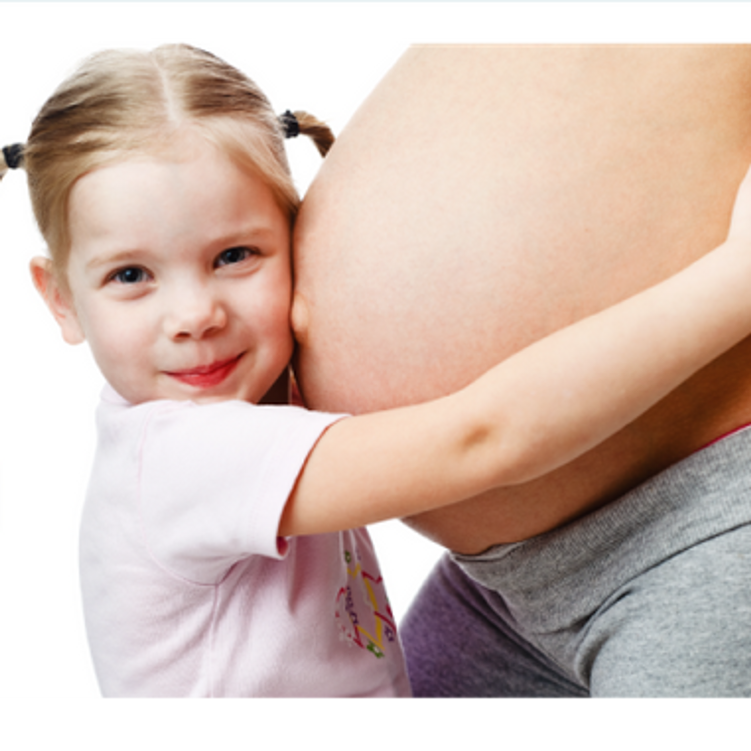 Young child gently leaning her head on her mother's pregnant belly