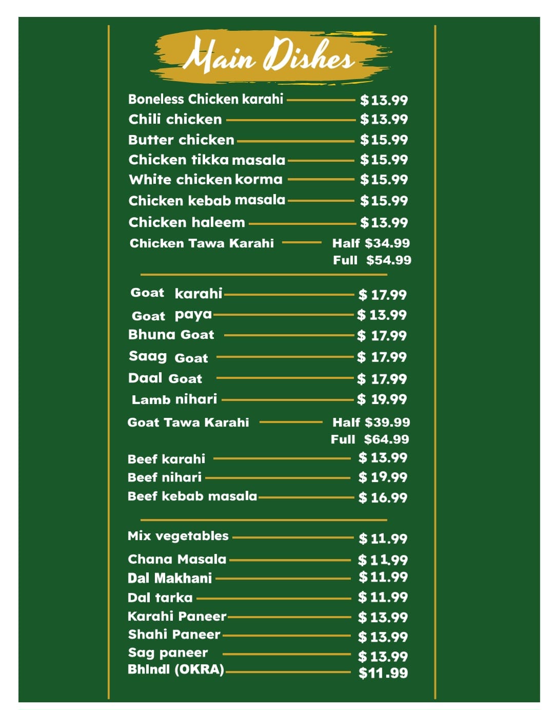Kashmir Grill main dishes menu board