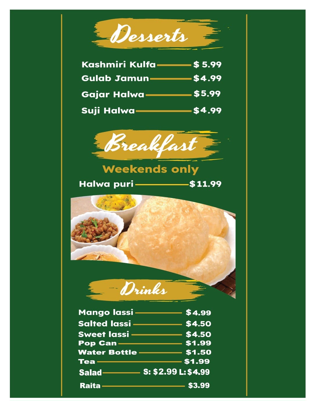 Kashmir Grill dessert, breakfast and drinks menu board