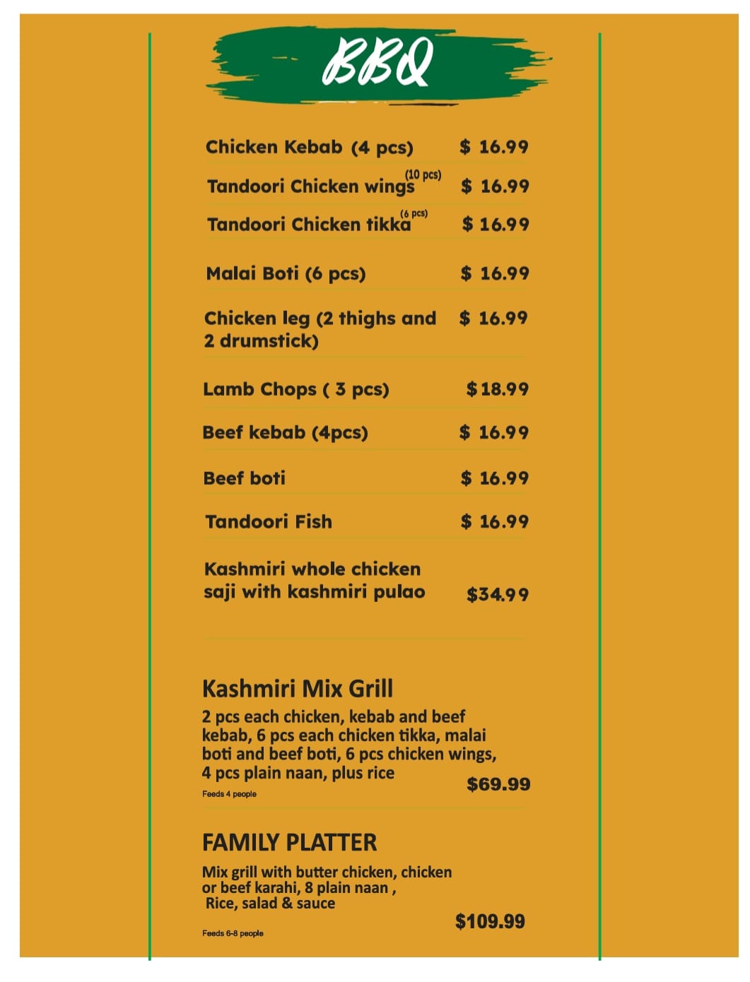 Kashmir Grill BBQ menu board