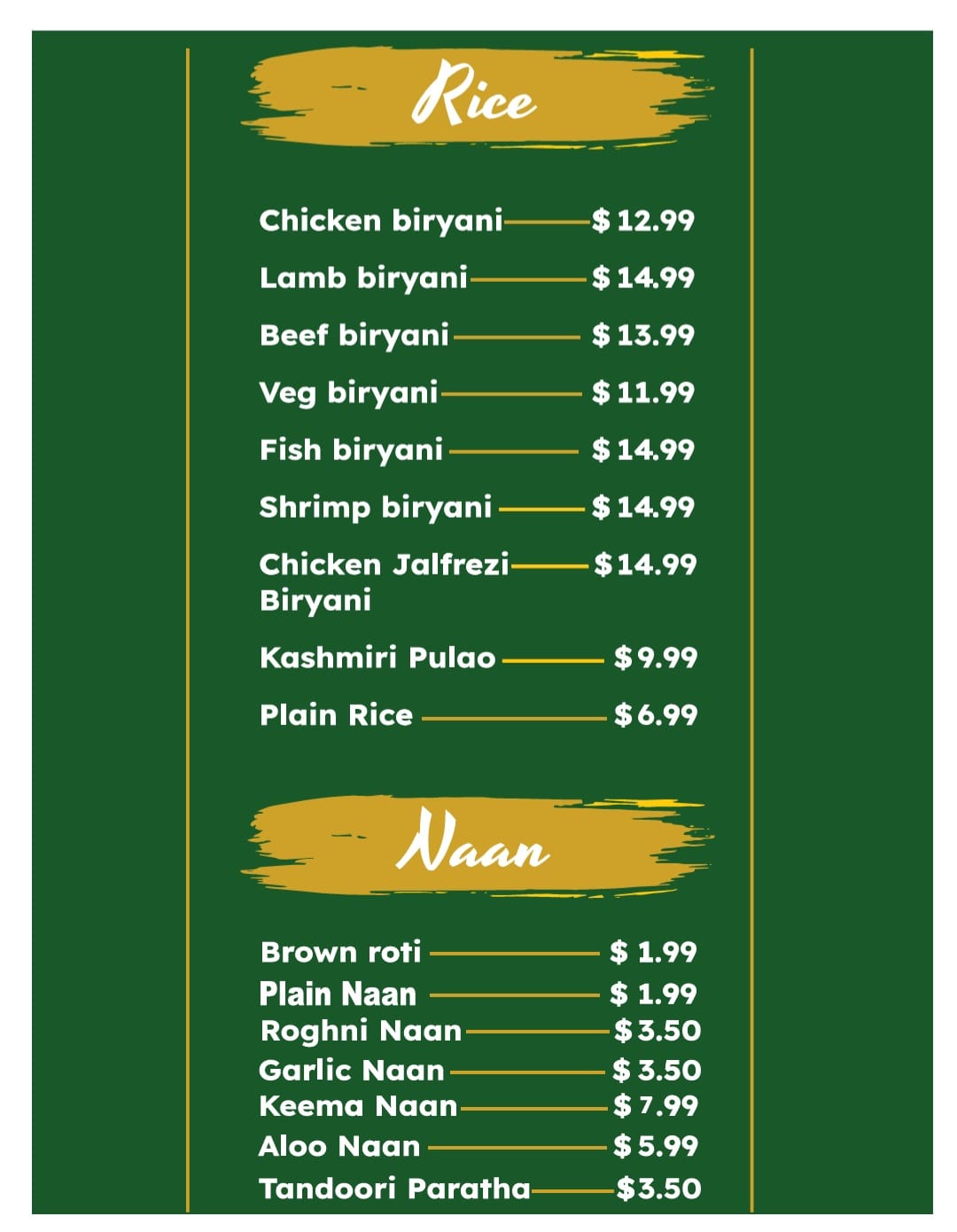 Kashmir Grill rice and naan menu board