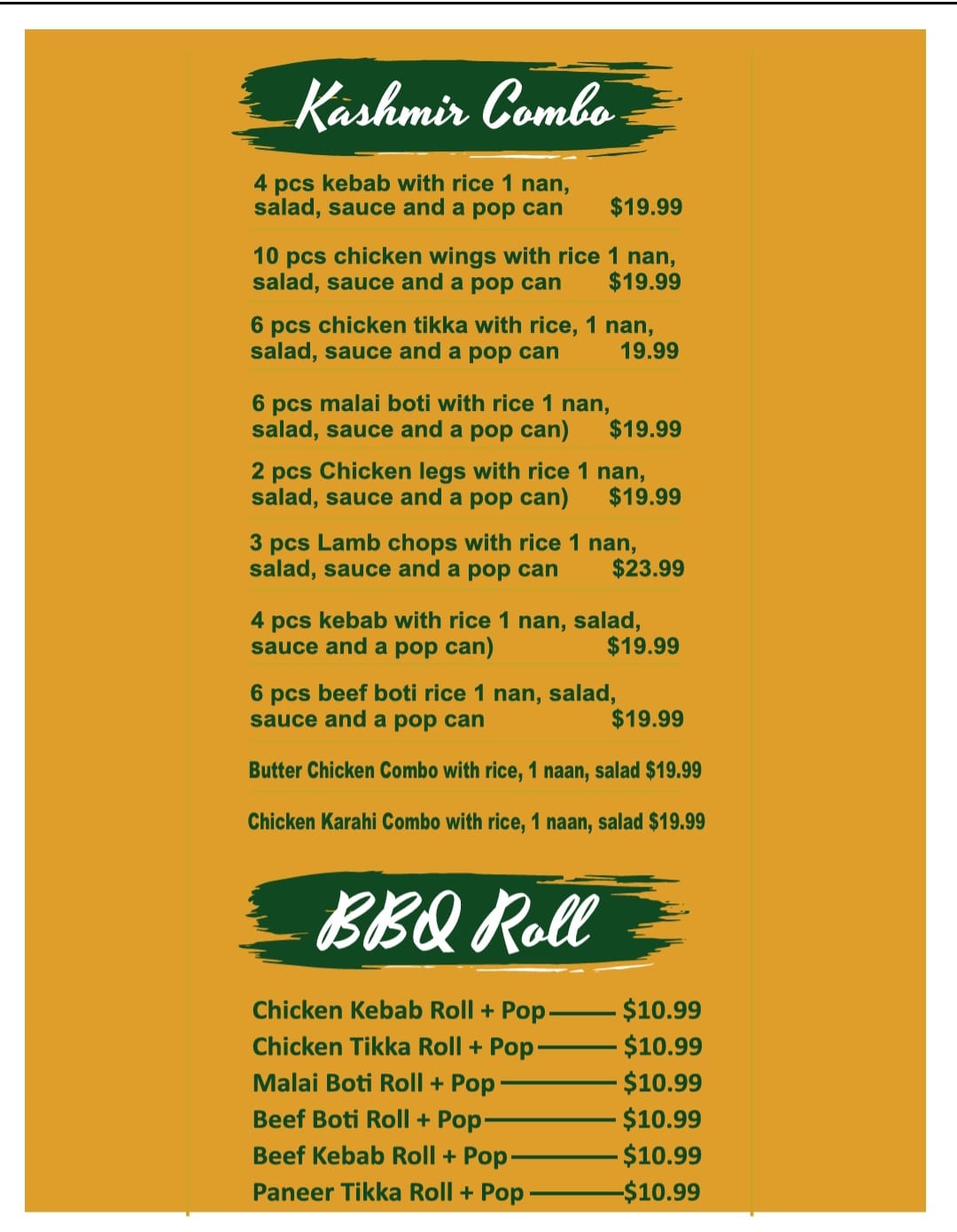 Kashmir Grill Kashmir combo and BBQ roll menu board