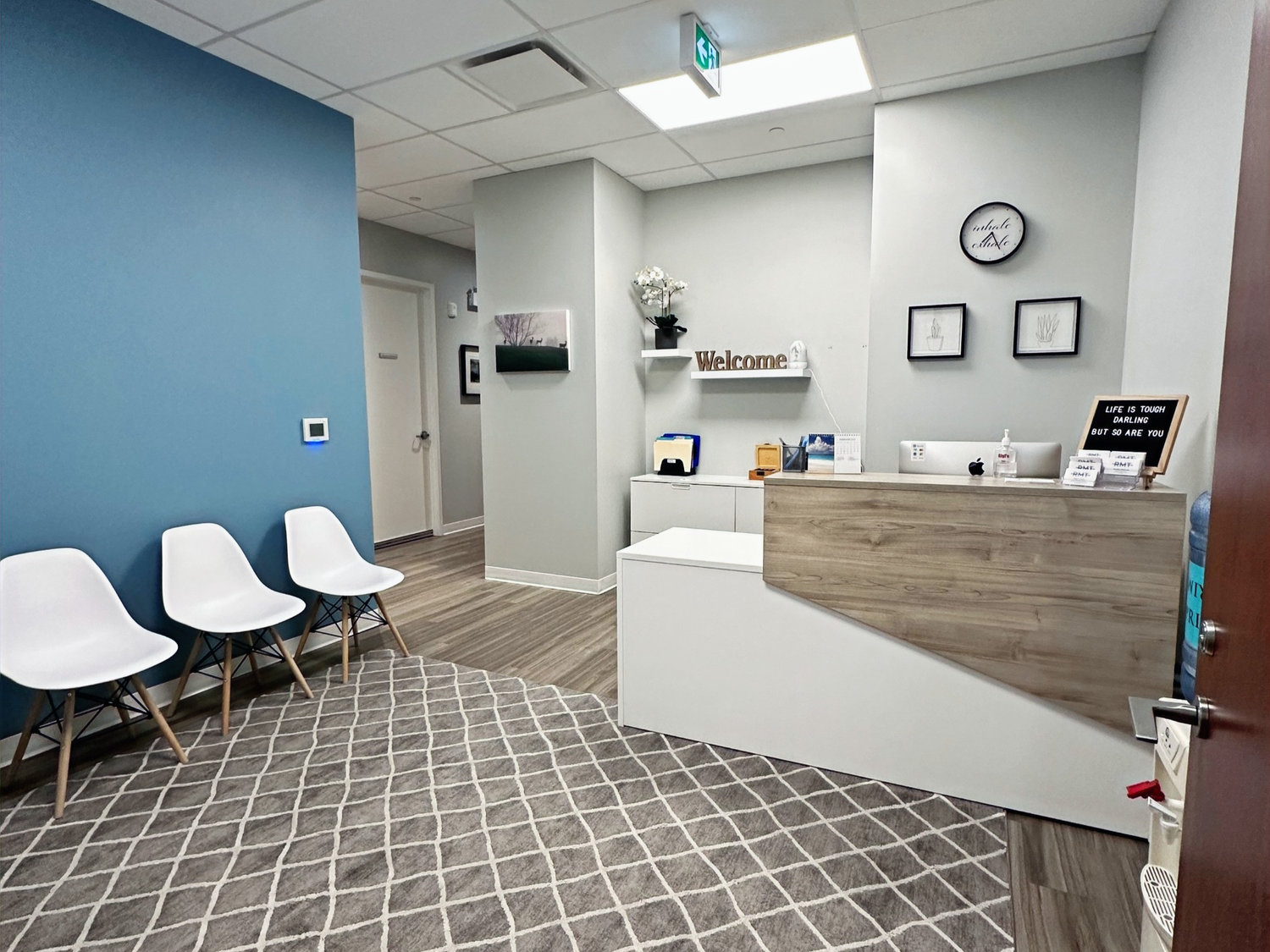 Riverbend Massage Therapy reception desk and waiting area, London Ontario
