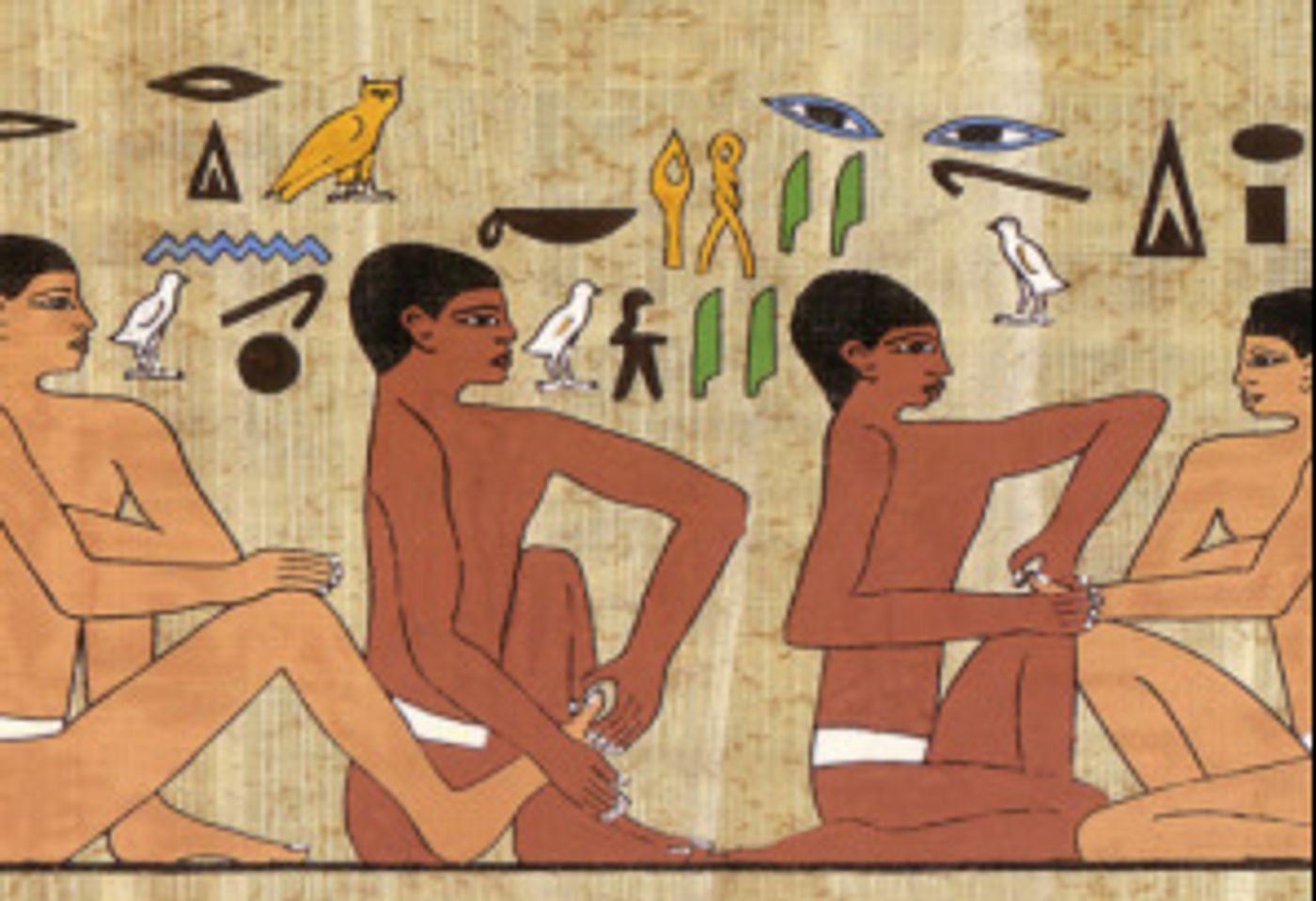 Ancient Egyptian papyrus illustration depicting an early form of reflexology