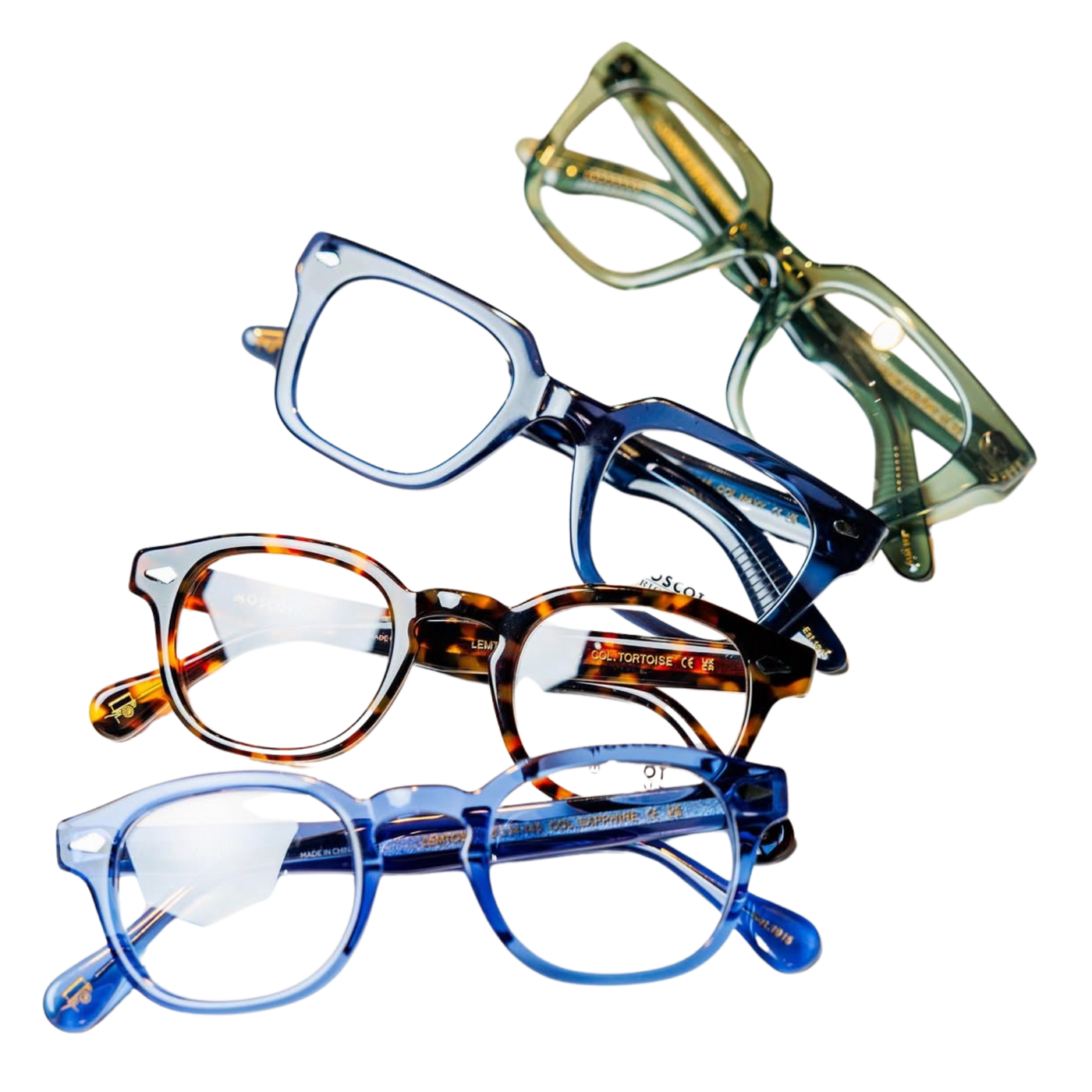 A stack of designer acetate eyeglass frames from Squints Optical, London Ontario